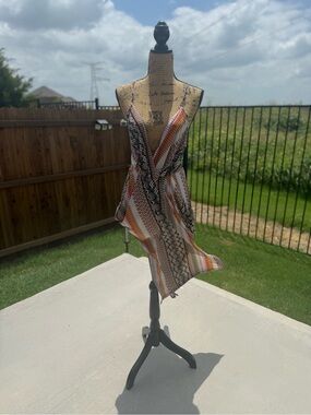 BCBGeneration Striped Wrap Mini Dress in Black, White, Orange, Pink
